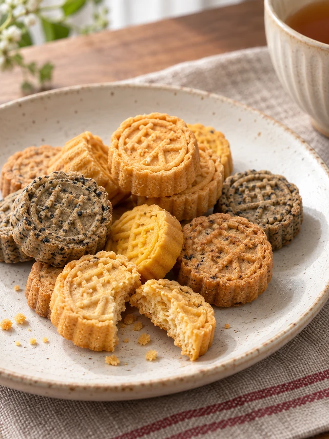 陶盘中的多款迷你杏仁饼与掰开断面，后方摆放茶杯。