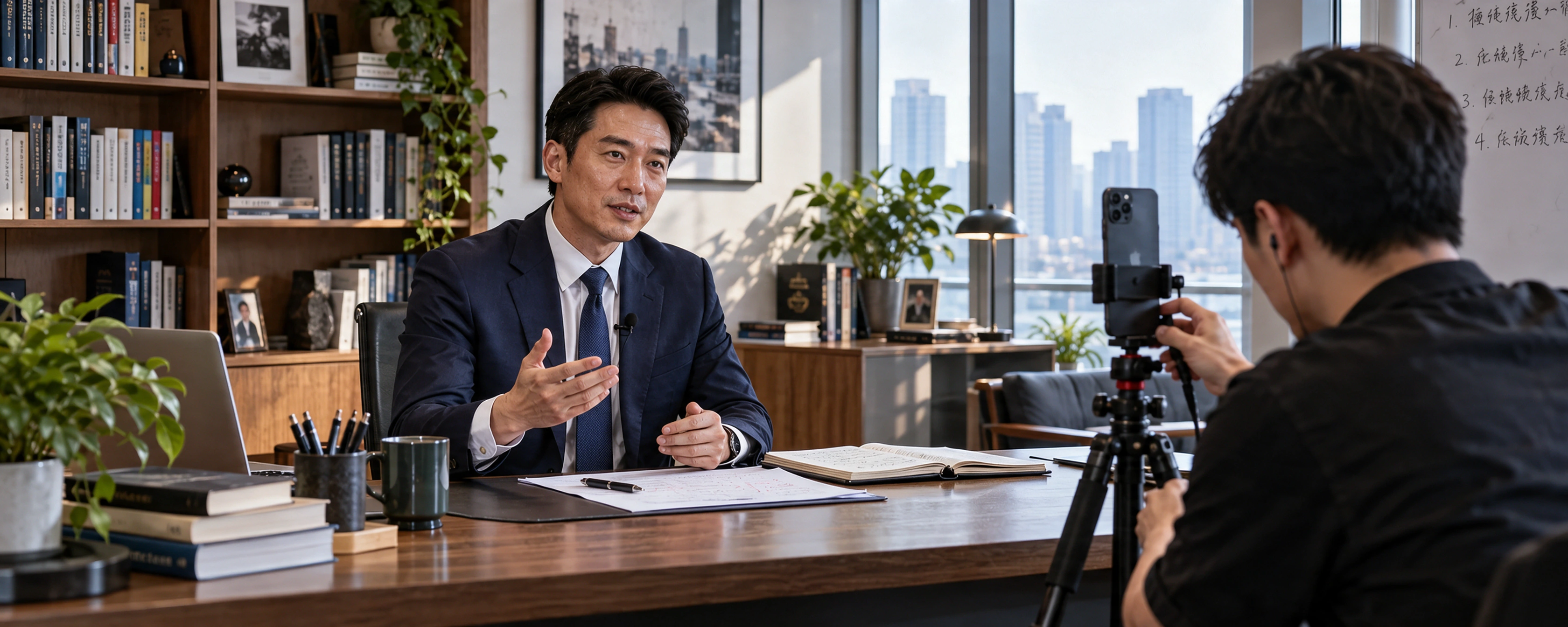律师在专业办公室录制知识短视频，通过社交媒体建立个人品牌