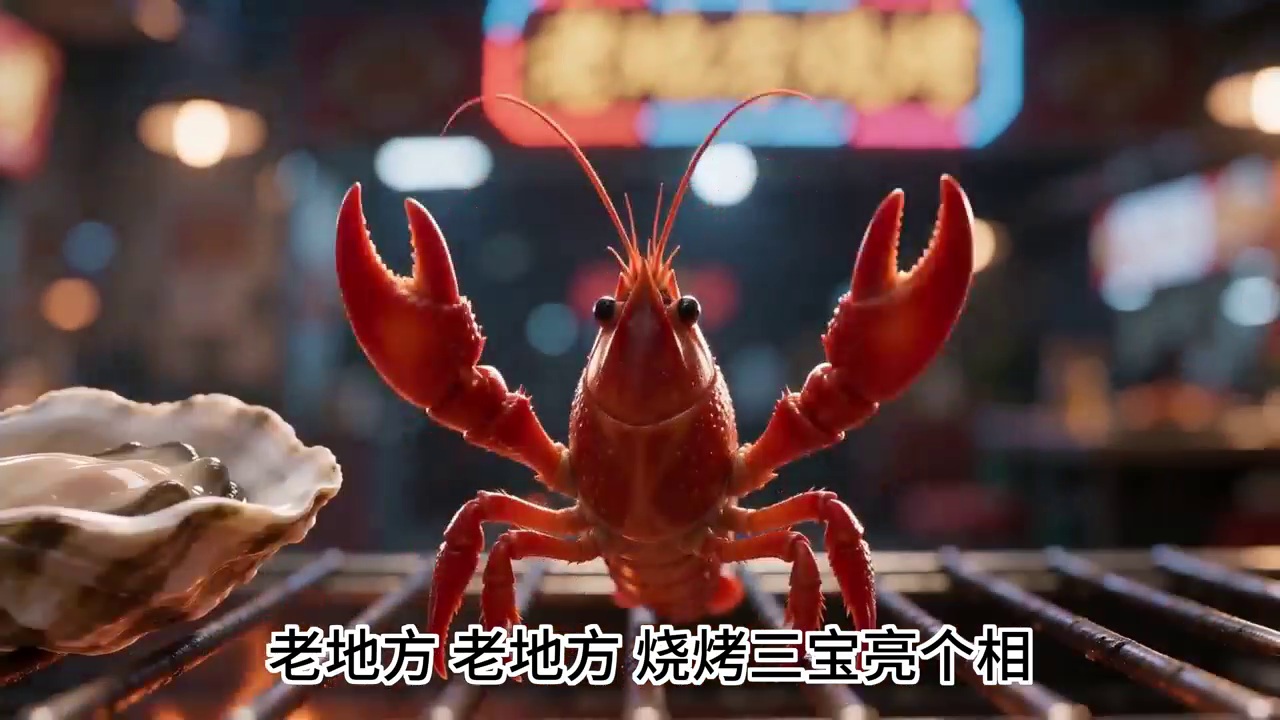 跳舞小龙虾烧烤短片画面，用角色动作承接门店消费场景
