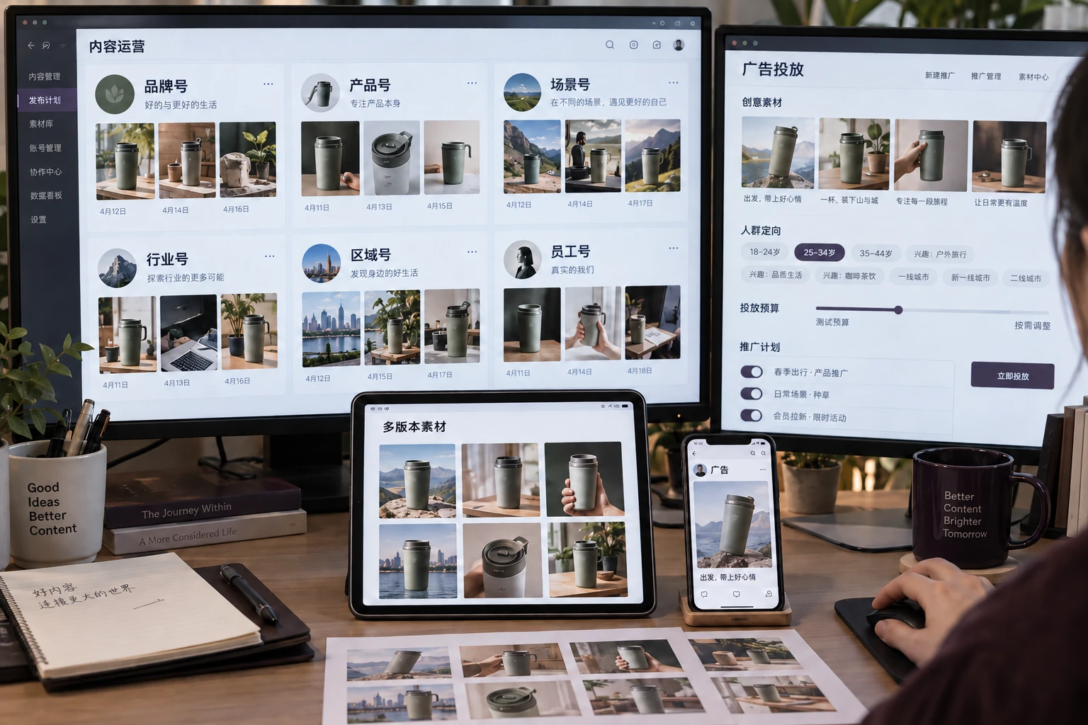 传播流程示意：团队为同一内容准备多个版本，安排矩阵账号分发与广告投放，持续扩大触达。