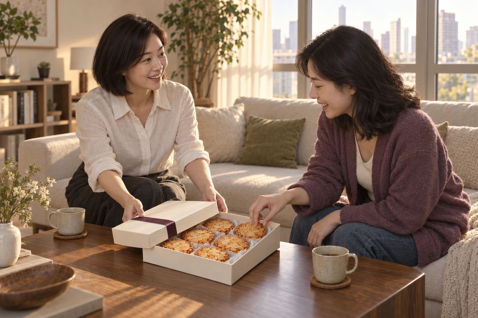 故事示意:主人拿出杏仁酥招待来访的朋友。