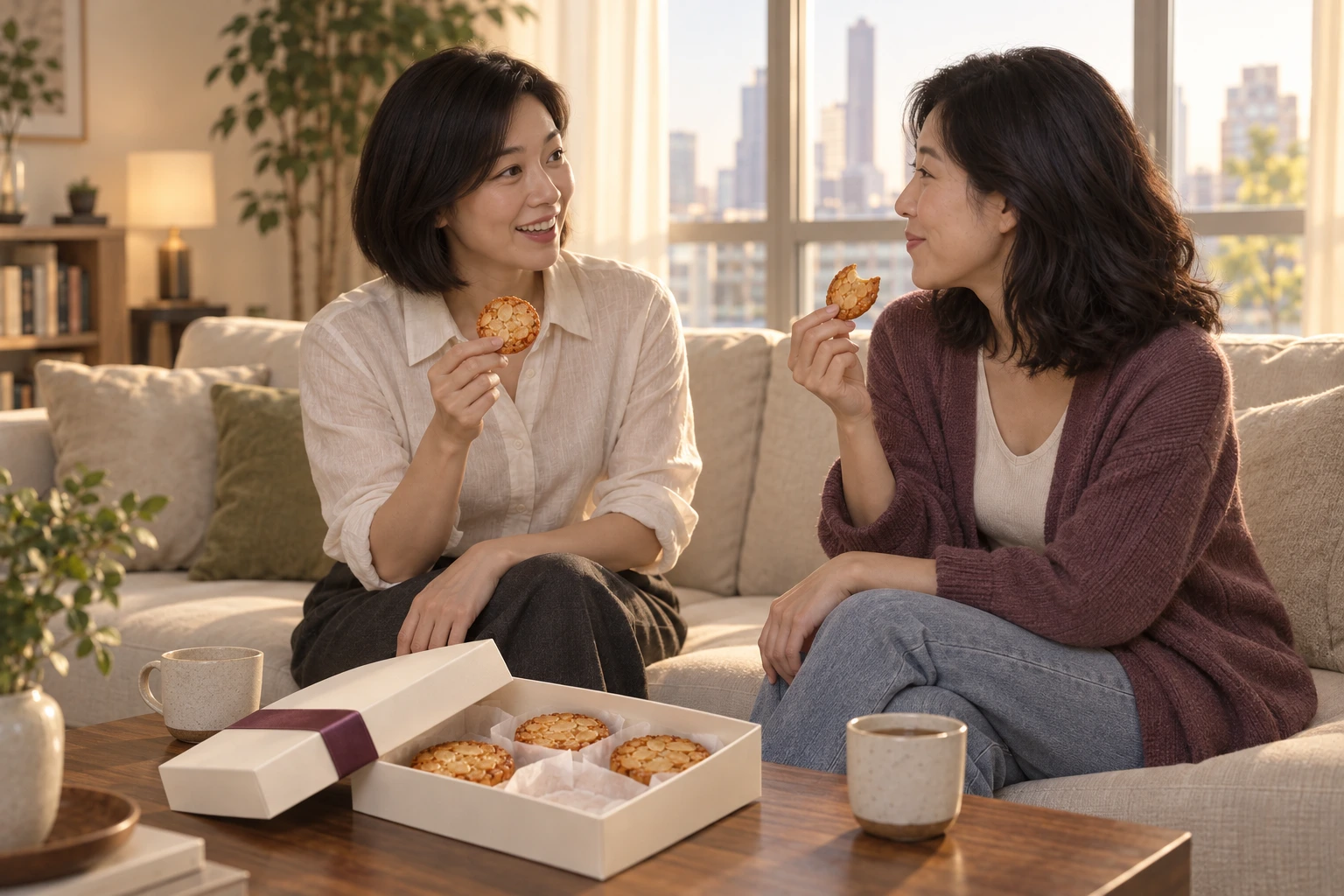 故事示意:两人边聊天边分享杏仁酥,产品参与待客过程。