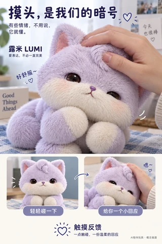 LUMI 04｜摸头主场景与前后两格对照，直观说明动作和回应的创意设想。