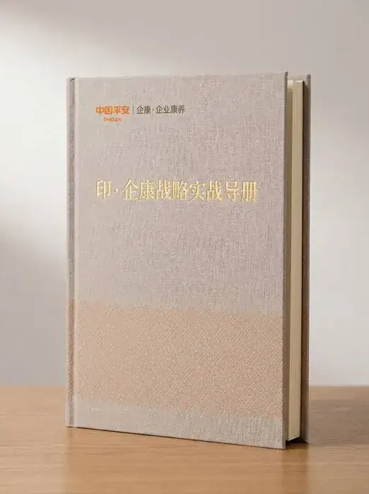 浅灰米色布纹精装导册,封面以烫金文字呈现印企康战略实战导册