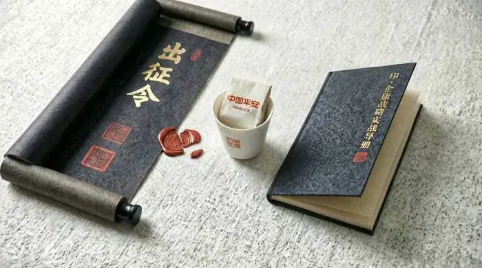 企康主题物料组合场景示意,包含出征令卷轴、深蓝色实战导册、印章和品牌茶杯