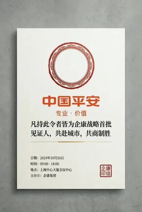 中国平安主题活动邀请卡样稿,版面包含活动主题、日期、时间、地点和印章元素