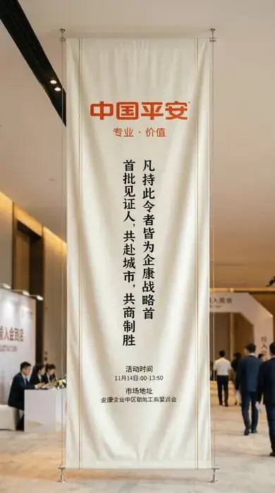 商务会场中的中国平安主题竖幅样稿,画面包含品牌标识、活动主题和时间地点