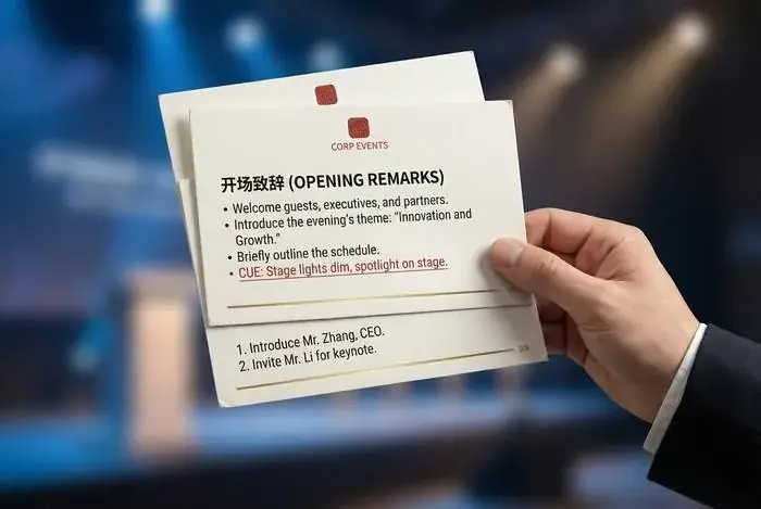 发言者手持双语开场提示卡,卡片列出欢迎、主题介绍、流程和舞台灯光提示