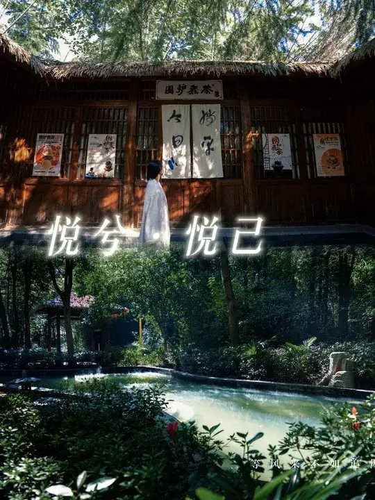 上下分屏展示木屋茶室与林间温泉池,中部叠加悦兮悦己发光文字